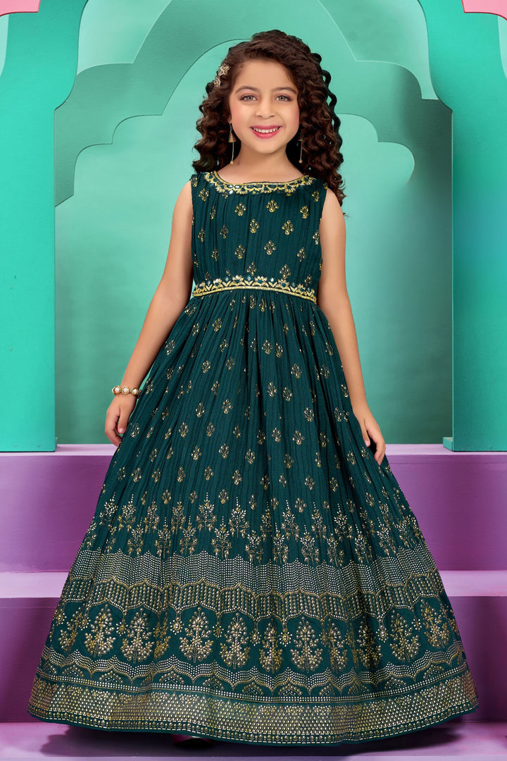 Peacock Green Stone, Mirror and Zardozi work Long Party Gown for Girls