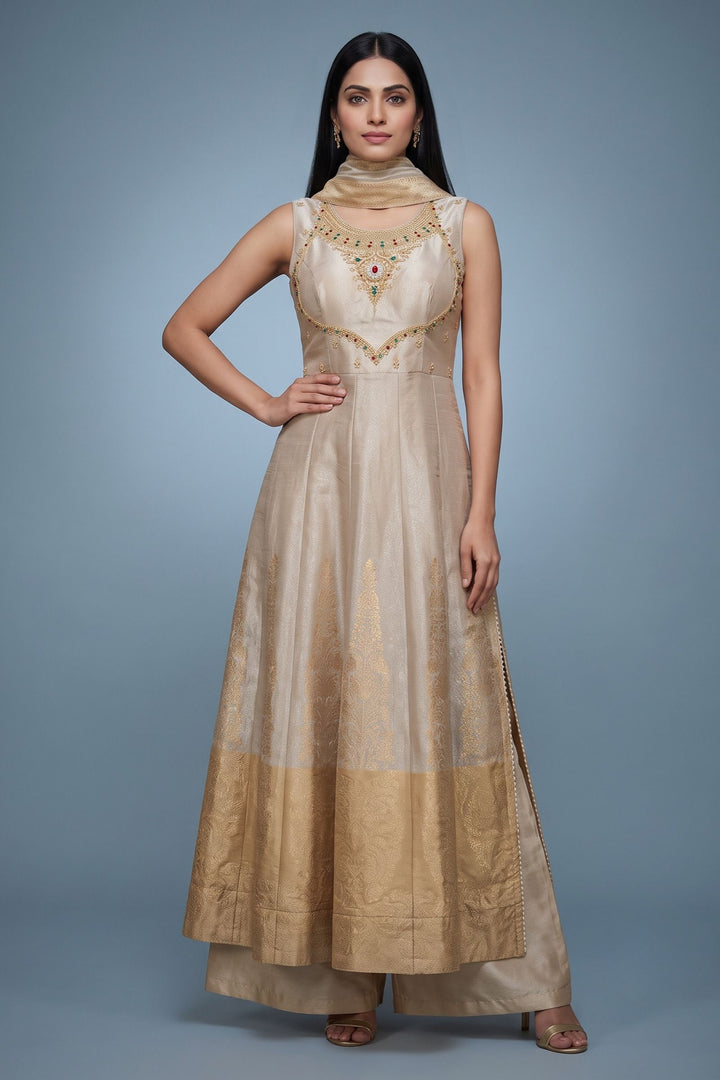 Silver Grey Zardozi, Beads and Sequins work Nyra Cut Salwar Suit with Palazzo Pant