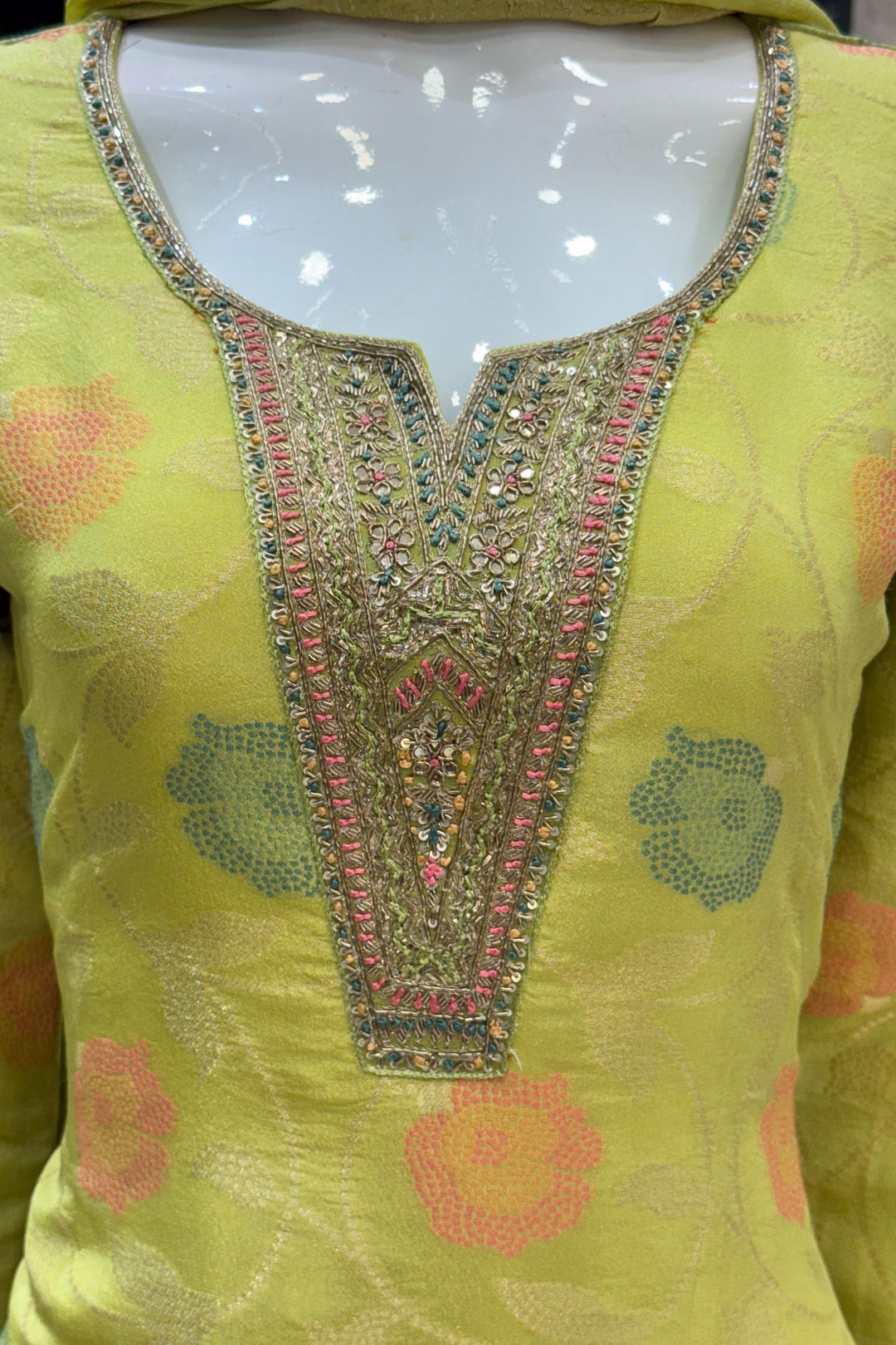 Lemon Green Jacquard, Sequins, Zari, Thread and Beads work Straight Cut Salwar Suit