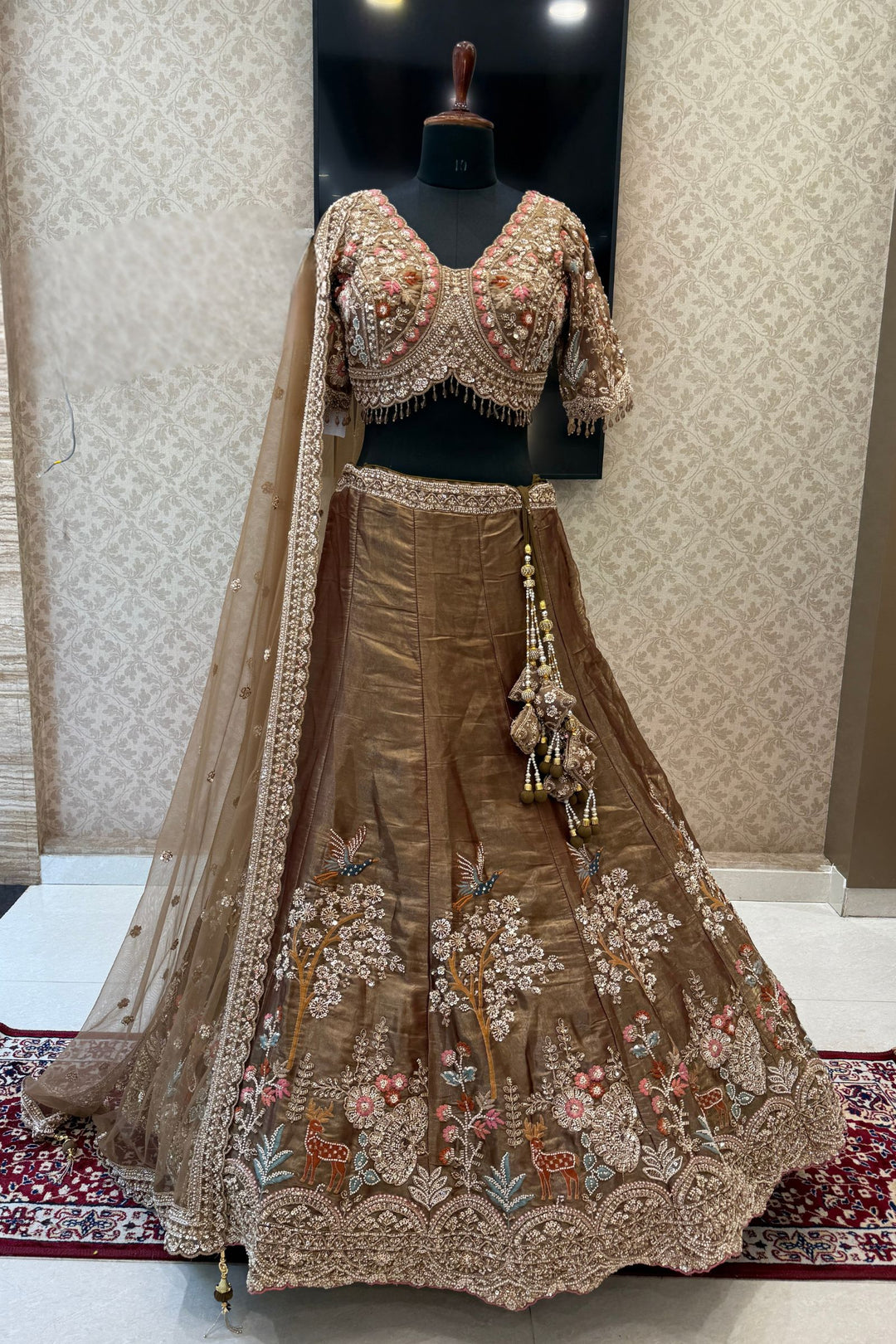 Bridal Organza Lehenga with Hand-Embroidered Birds and Floral Forest Motifs