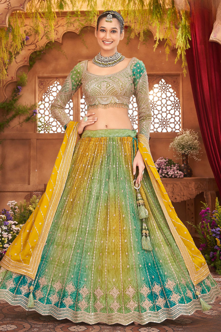 Yellow with Green Sequins, Zari and Beads work with Bandini Print Crop Top Lehenga