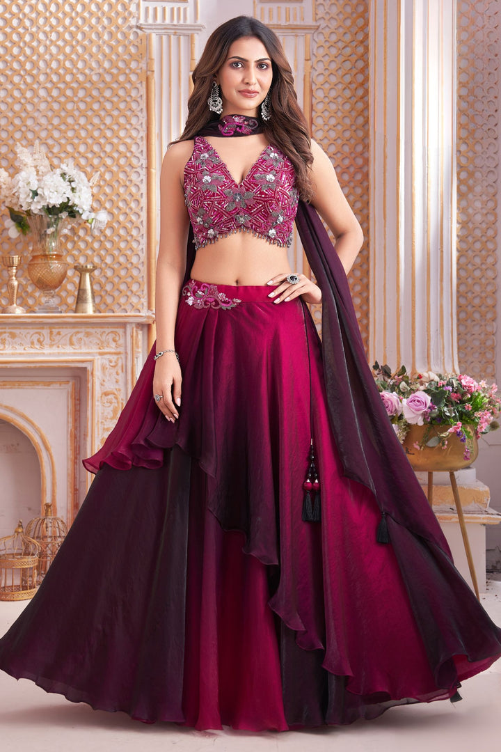 Magenta Mirror, Beads and Sequins work Crop Top Lehenga