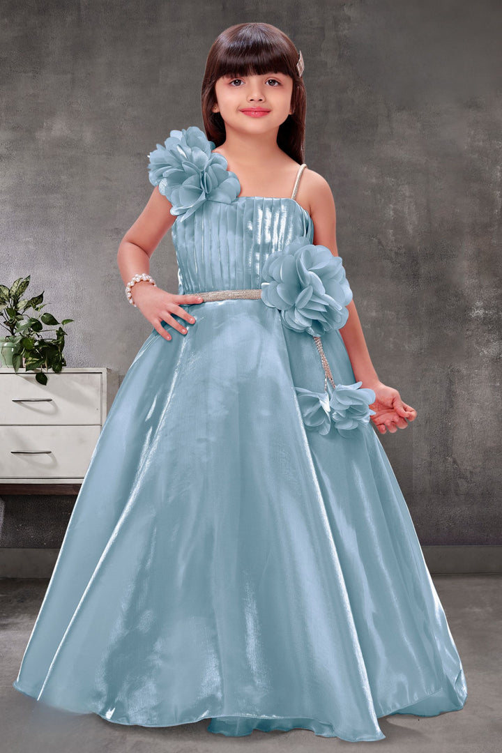 Greyish Blue Long Party Frock for Girls
