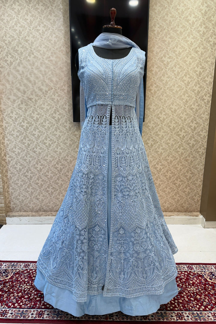 Sea Blue Zari Thread and Stone work Mastani Styled Long Top Lehenga