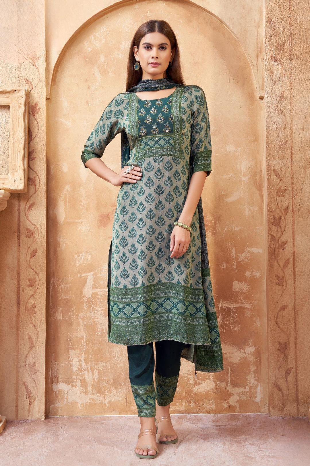 Green with Digital Print Straight Cut Salwar Suit