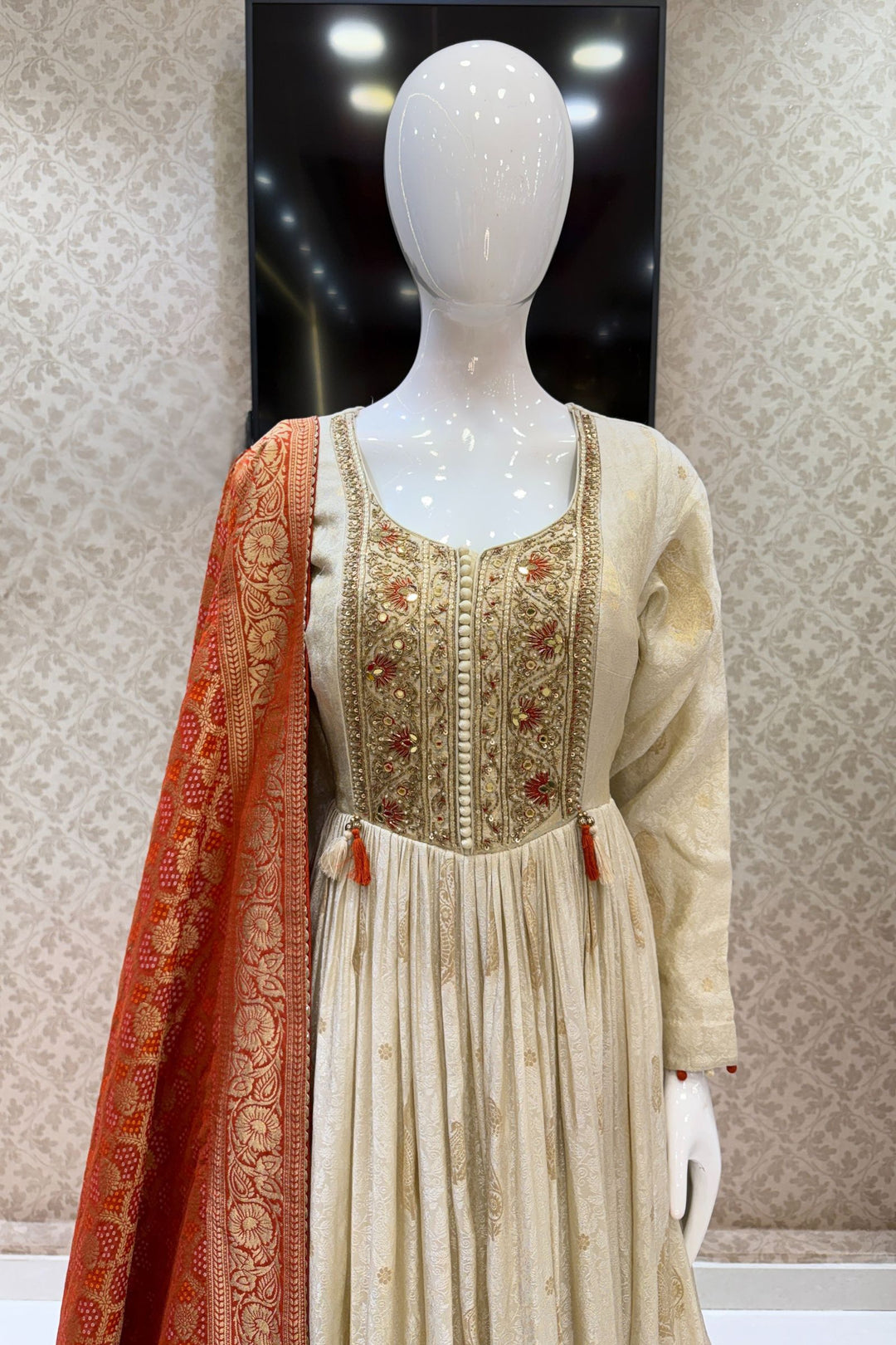 Beige Beads, Zardozi, Sequins, Mirror and Banaras work Floor Length Anarkali Suit