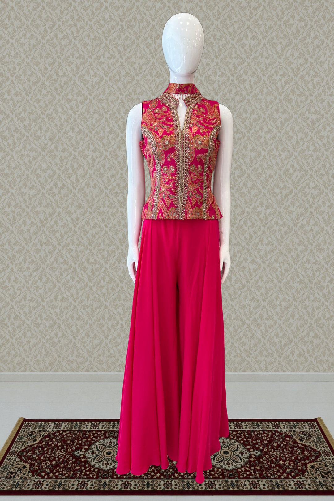 Rani Pink Palazzo Salwar Suit with Brocade, Beads, Stone and Zardozi Detailing