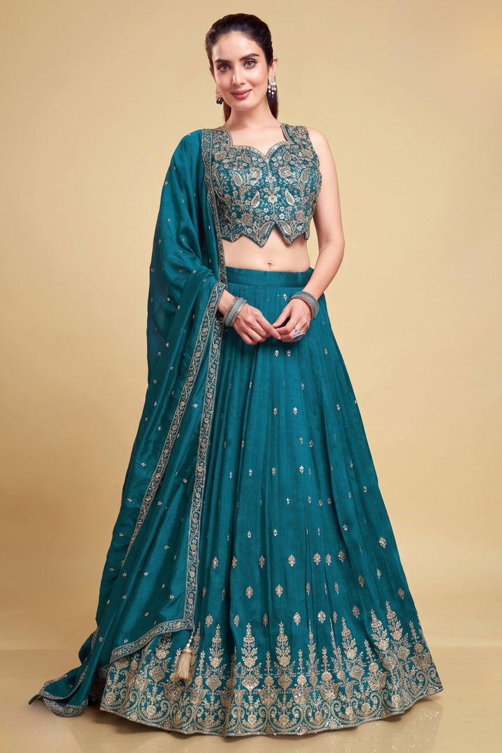 Teal Blue Zari Thread, Beads and Sequins work Lehenga