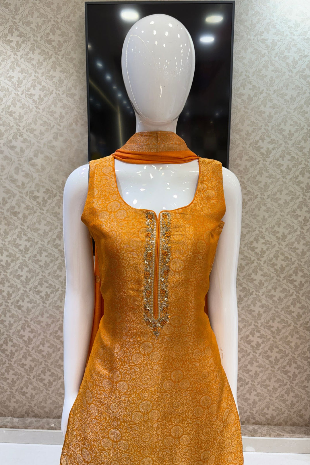 Orange Brocade, Zardozi, Sequins, Stone and Thread work Straight Cut Salwar Suit
