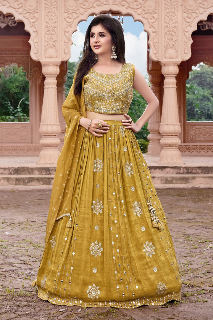 Olive Green Mirror, Zardozi, Zari, Beads and Sequins work Lehenga Choli for Girls