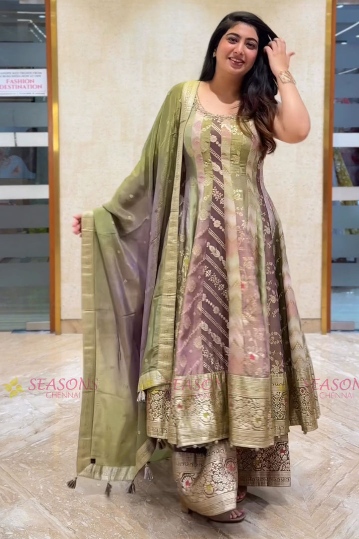Multicolour Banarasi Anarkali Palazzo Set with Zari Dupatta