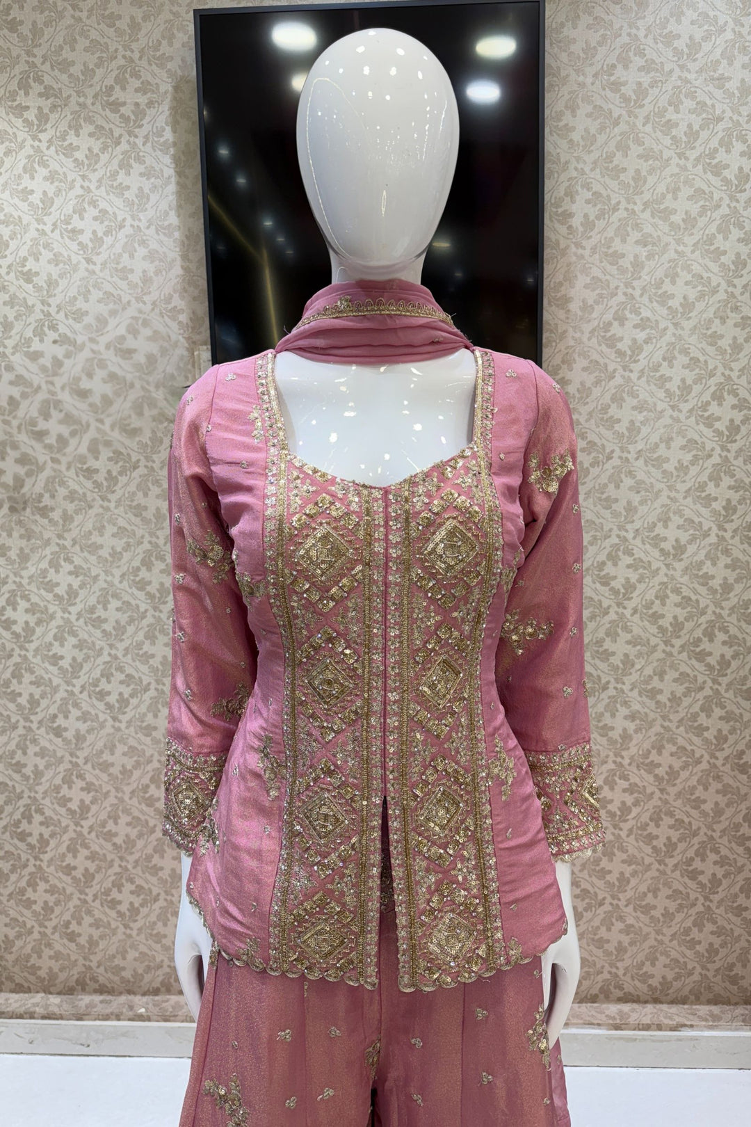 Baby Pink Sequins, Beads, Stone, Zari and Zardozi work Palazzo Salwar Suit