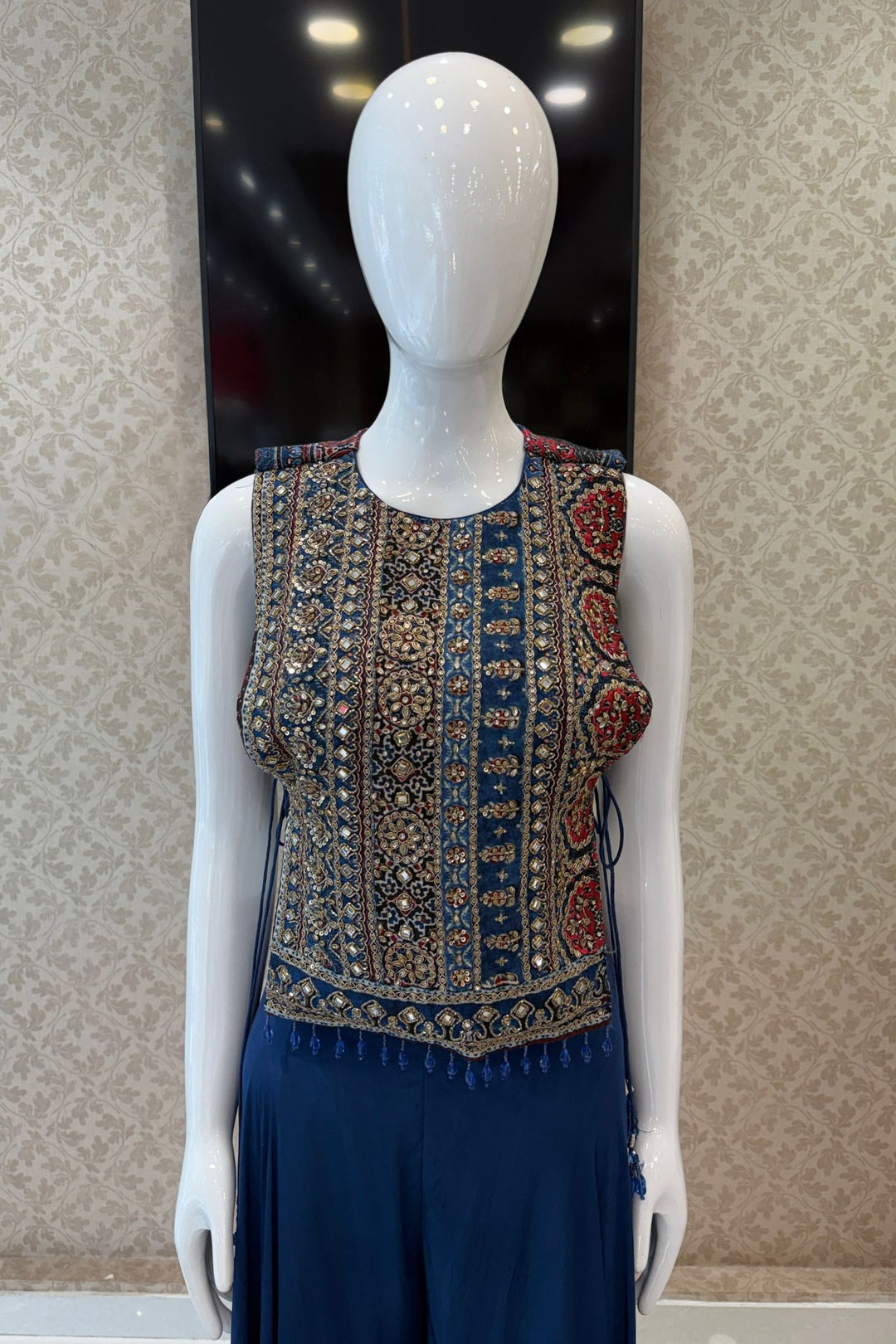 Indigo Blue Indo-Western Styled Ajrak Print, Kundan, Zardozi and Beads work Palazzo Set