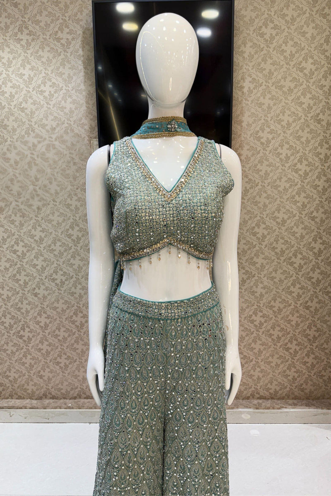 Sea Green with Peacock Green Sequins and Beads work Crop Top with Palazzo Pant