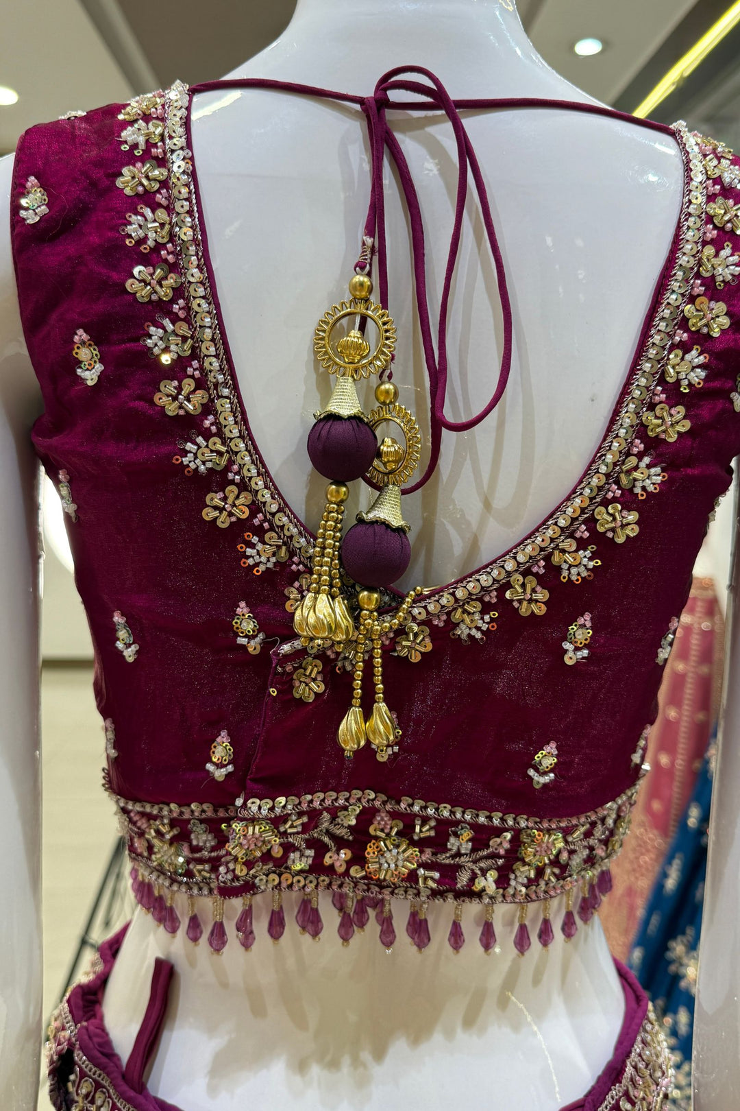 Magenta Beads, Zari and Sequins work Crop Top Bridal Lehenga