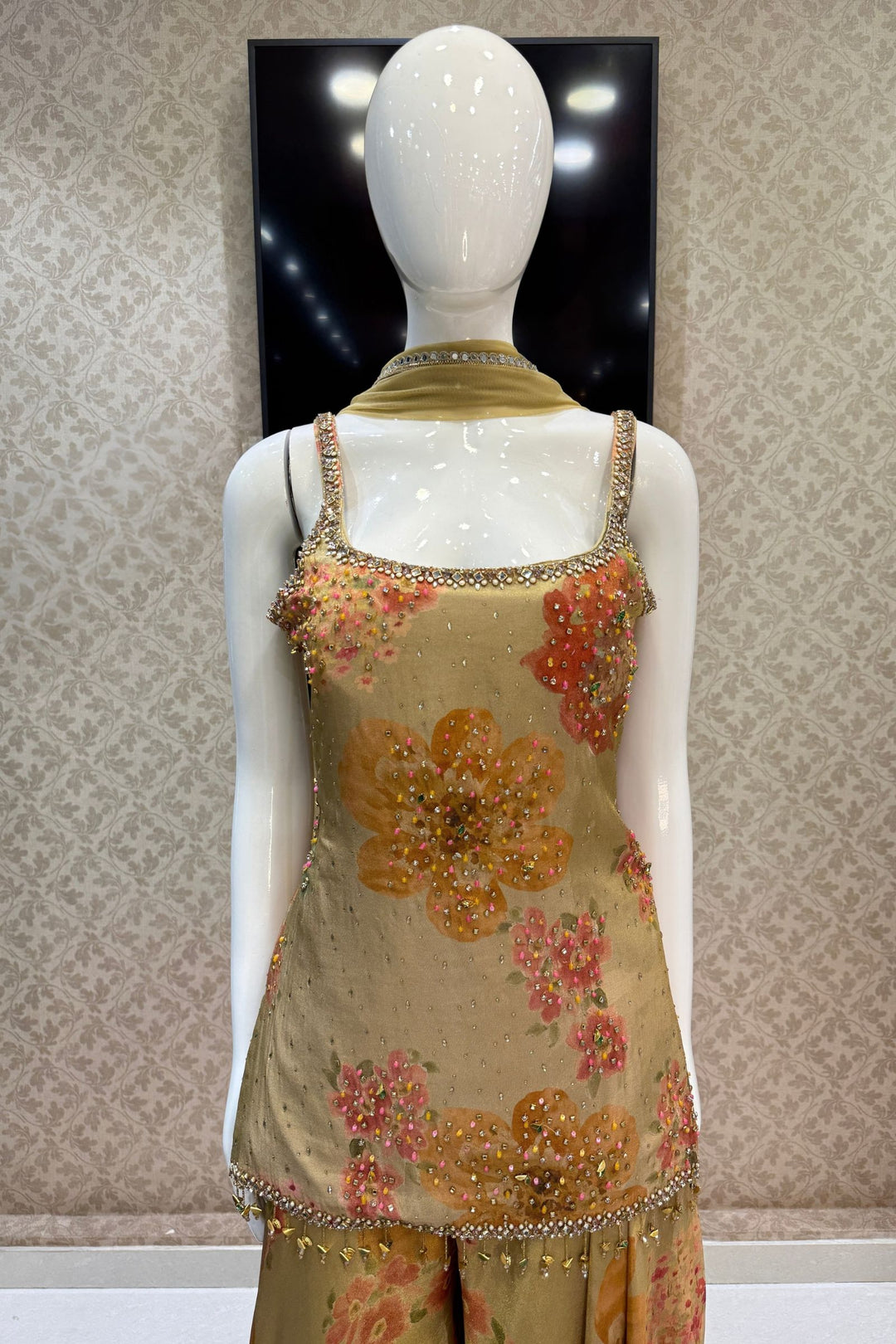 Light Beige Stone, Beads and Kundan work with Floral Print Palazzo Salwar Suit