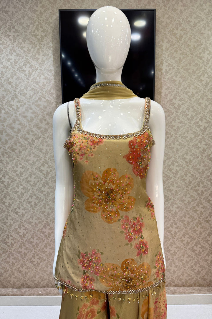 Light Beige Stone, Beads and Kundan work with Floral Print Palazzo Salwar Suit