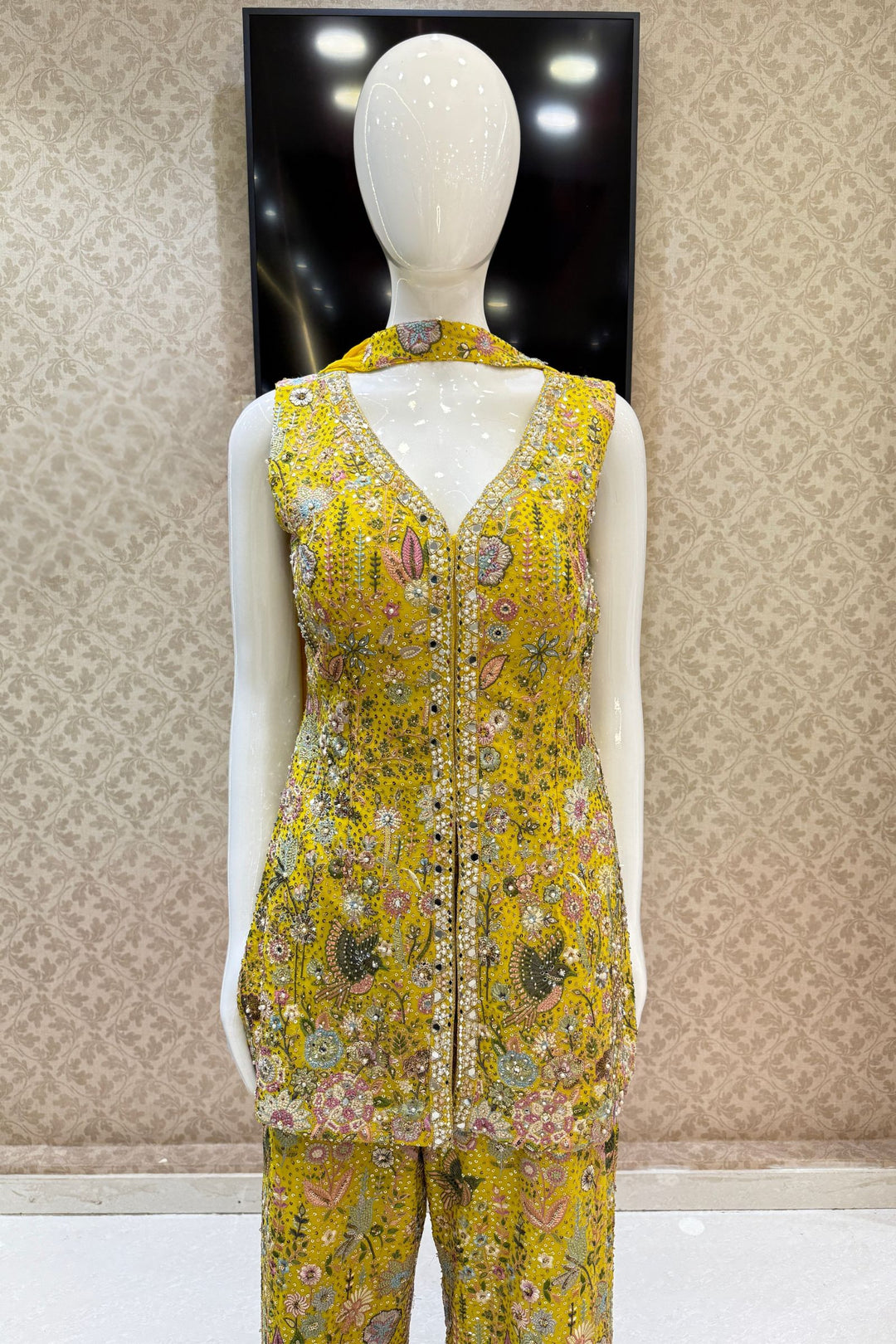 Yellow Multicolor Embroidery, Sequins, Pearl, Stone and Mirror work Salwar with Palazzo Pant