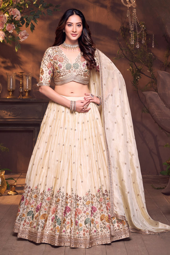 Cream Sequins, Beads, Zardozi and Multicolor Embroidery work Crop Top Lehenga