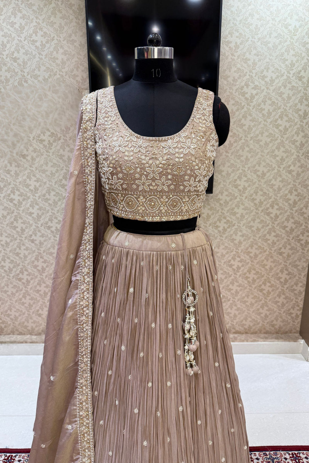 Chiku Beads, Zari and Sequins work Crop Top Lehenga