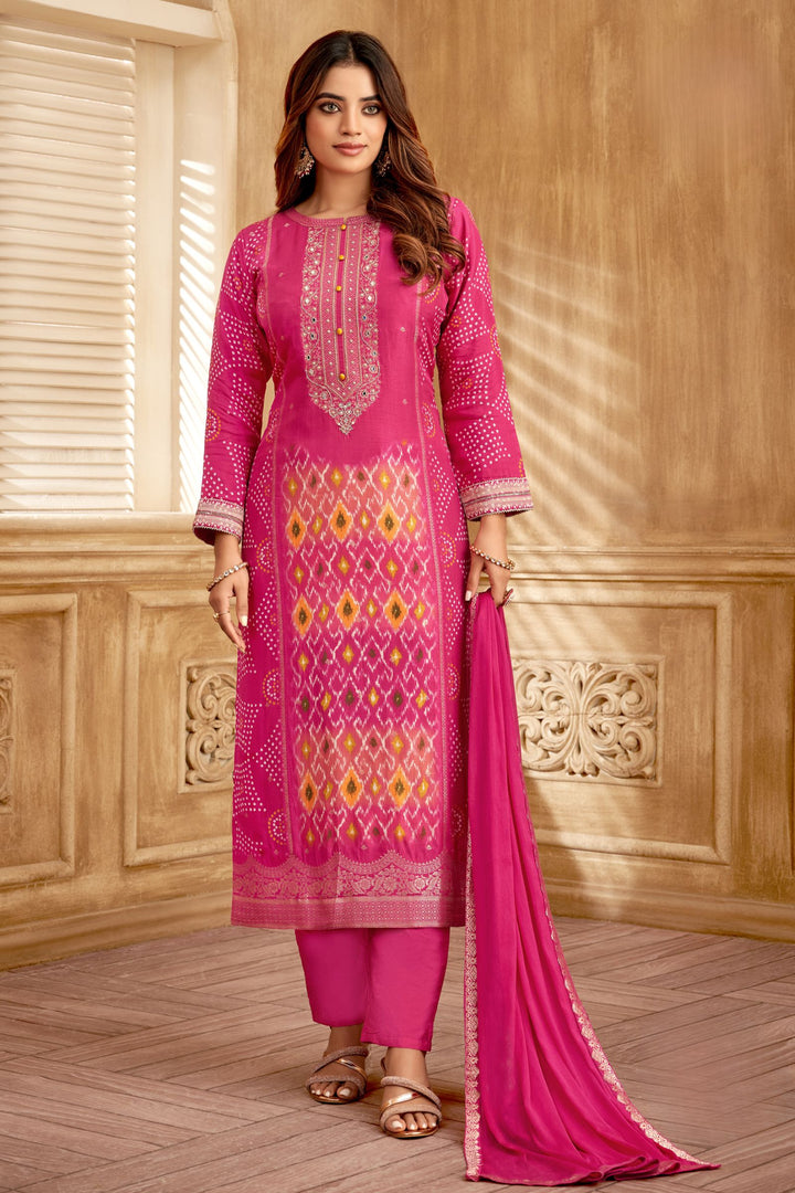 Rani Pink Banaras, Mirror and Zardozi work with Bandini Print Straight Cut Salwar Suit