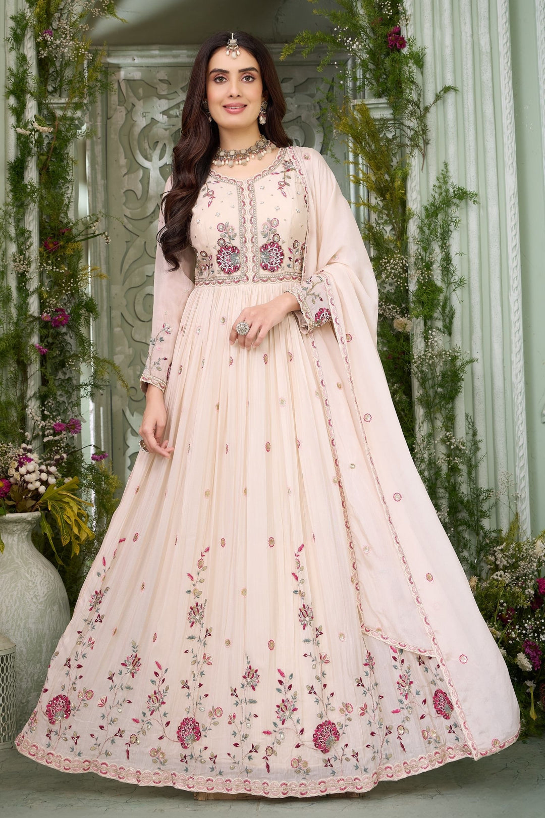 Cream Multicolor Thread, Beads, Sequins and Zari work Floor Length Anarkali Suit