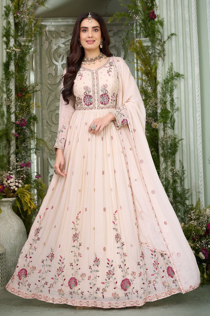 Cream Multicolor Thread, Beads, Sequins and Zari work Floor Length Anarkali Suit