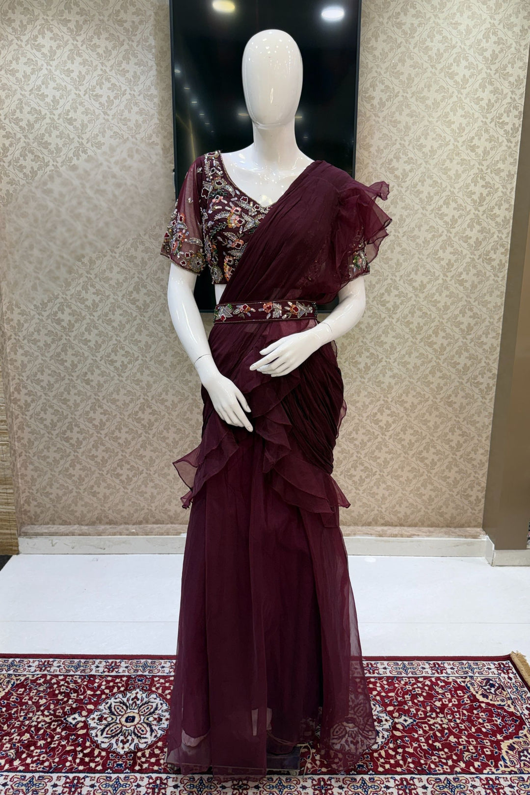 Wine Readymade Saree with Beads, Thread and Stone work Readymade Blouse