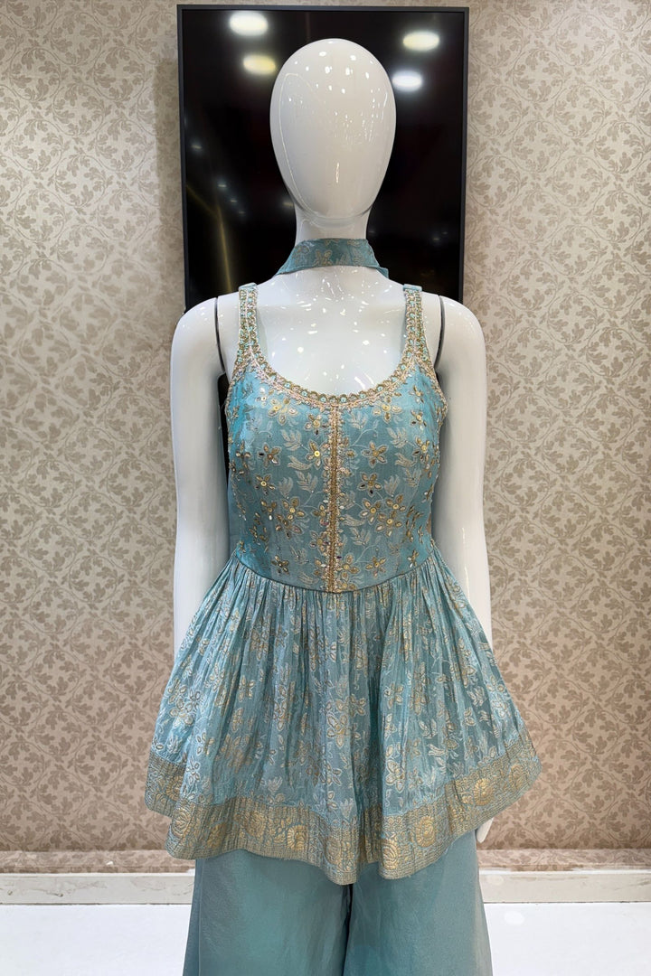 Sky Blue Banaras, Stone, Sequins, Beads and Zardozi work Peplum Top with Palazzo Suit Set