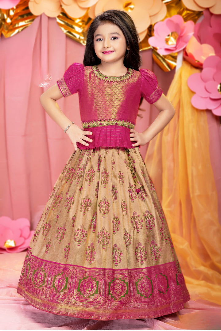 Rani Pink with Gold Zari, Mirror, Stone, Thread and Jacquard work Lehenga Choli for Girls