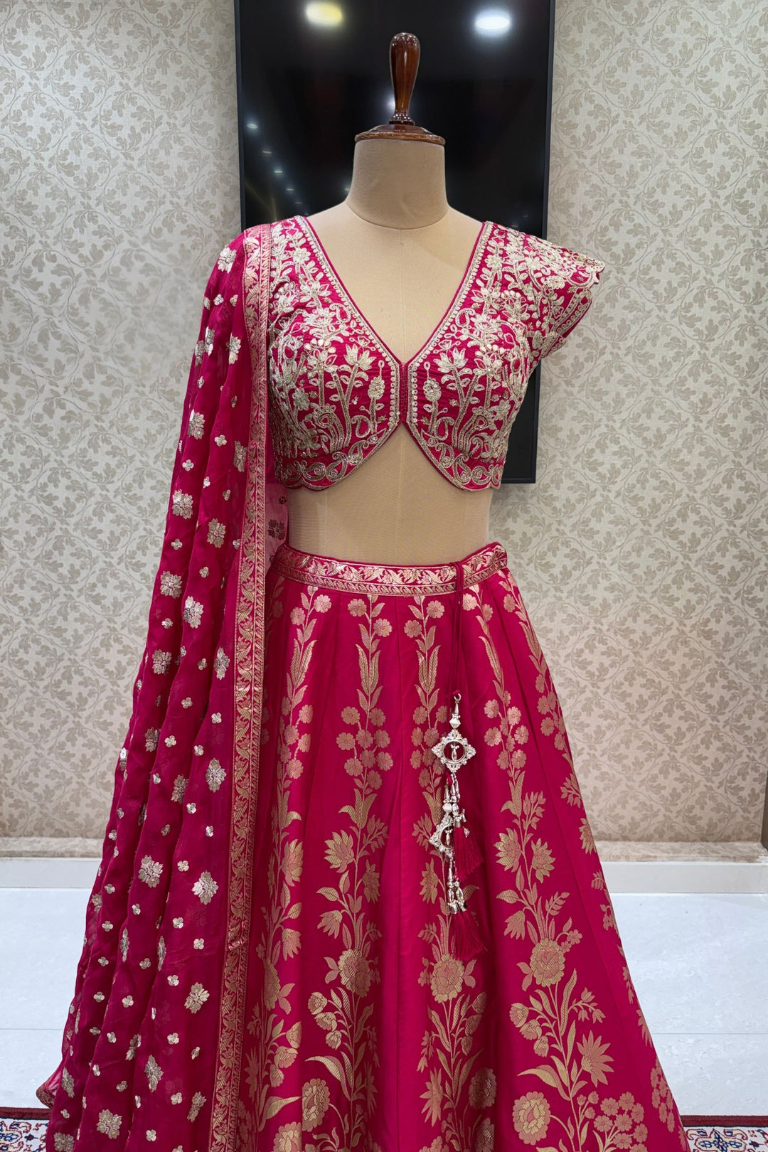Rani Pink V-Neck Lehenga Choli with Zari, Beads, Sequins and Brocade Work