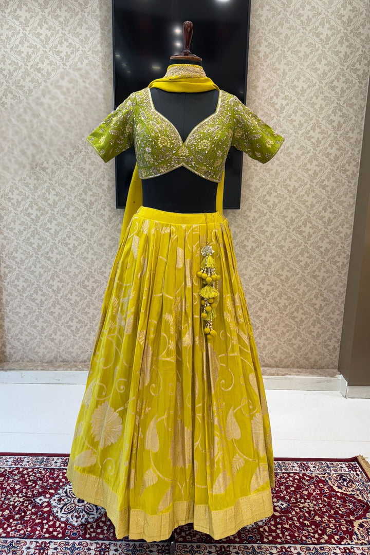 Parrot Green with Liril Green Beads, Sequins, Zardozi and Banaras work Crop Top Lehenga