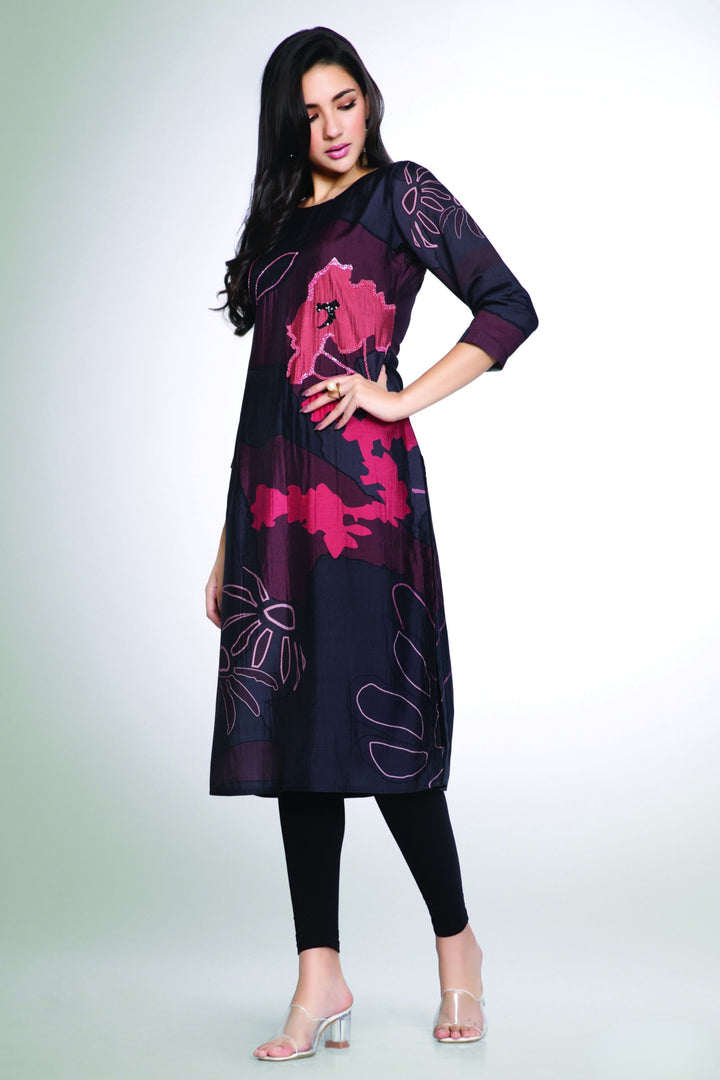 Black Beads and Sequins work with Multicolor Digital Print Calf Length Kurti
