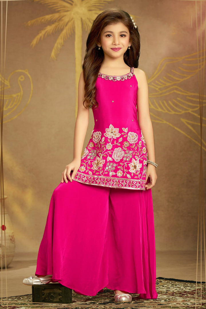 Rani Pink Stone, Beads, Sequins, Mirror and Thread work Palazzo Suit Set for Girls