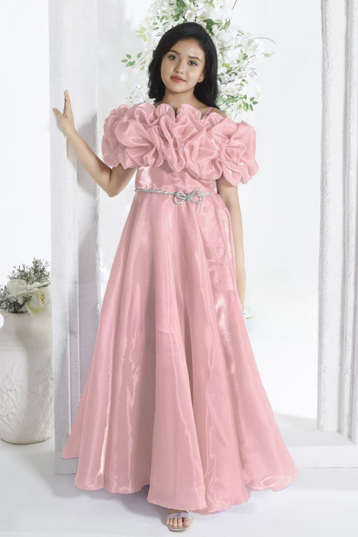 Peach Stone work Long Party Frock for Girls