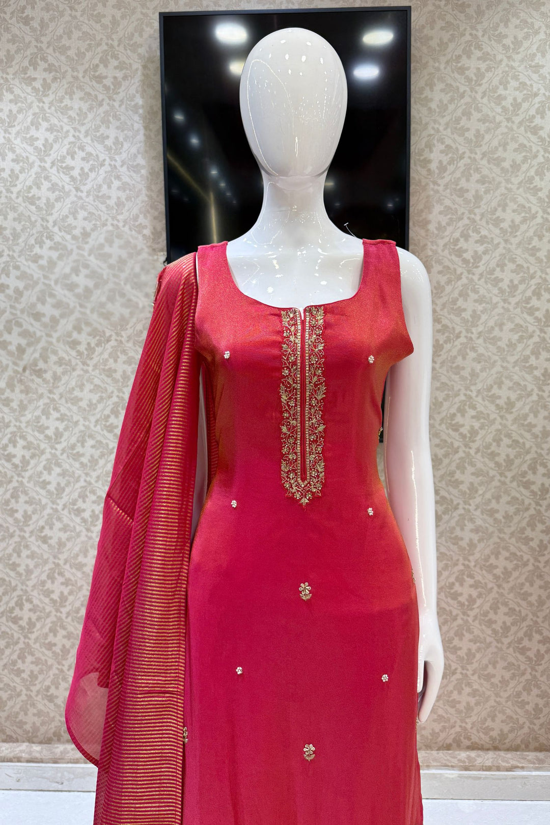 Rani Pink Beads, Zari, Stone and Sequins work Straight Cut Salwar Suit