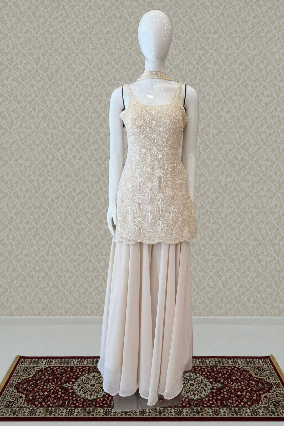 Cream Palazzo Salwar Suit with Beads and Sequins Detailing