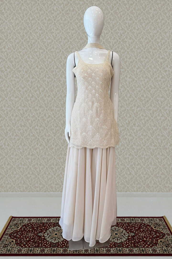 Cream Palazzo Salwar Suit with Beads and Sequins Detailing