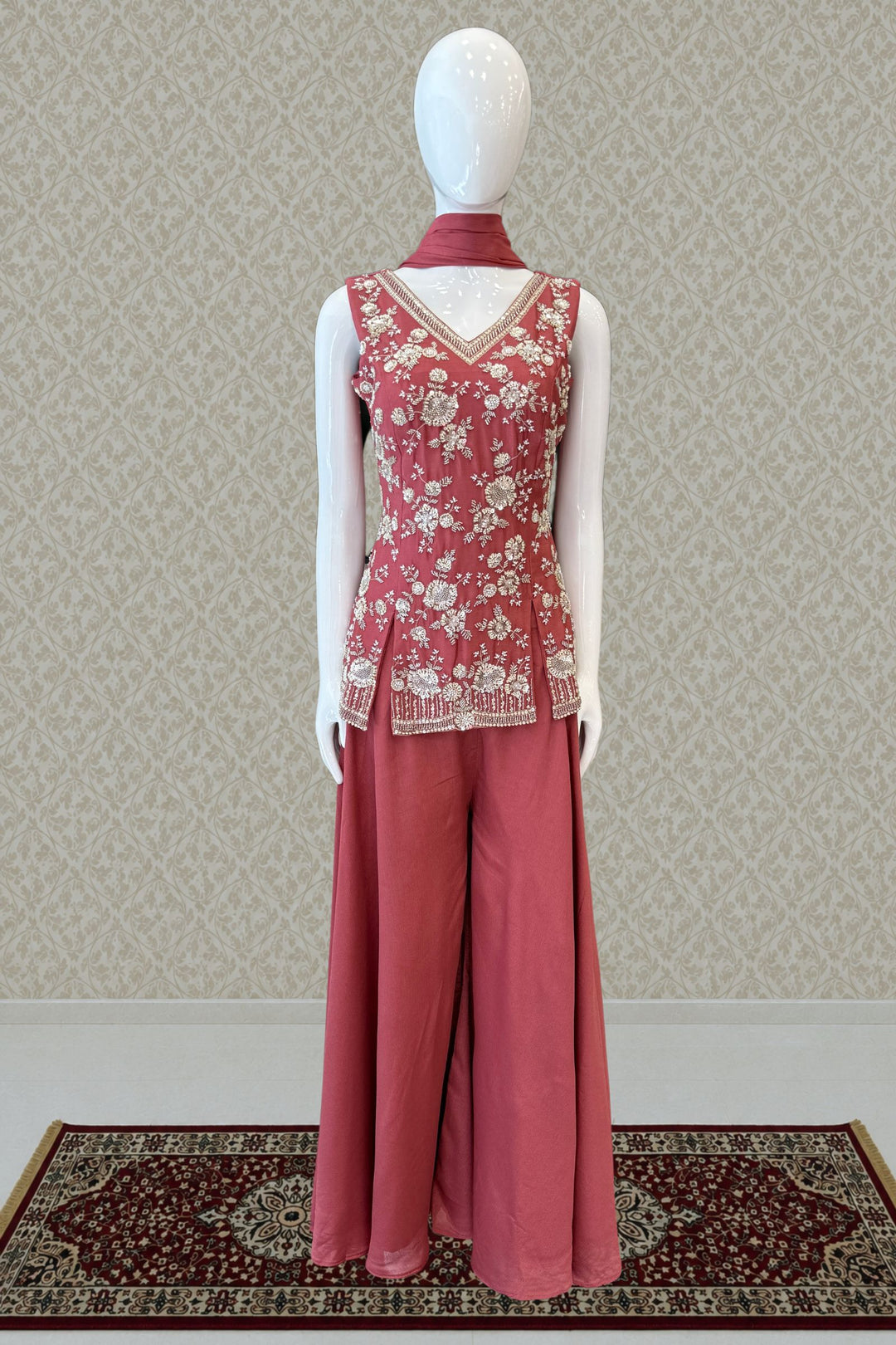 Rust Beads, Zari and Sequins work Palazzo Salwar Suit