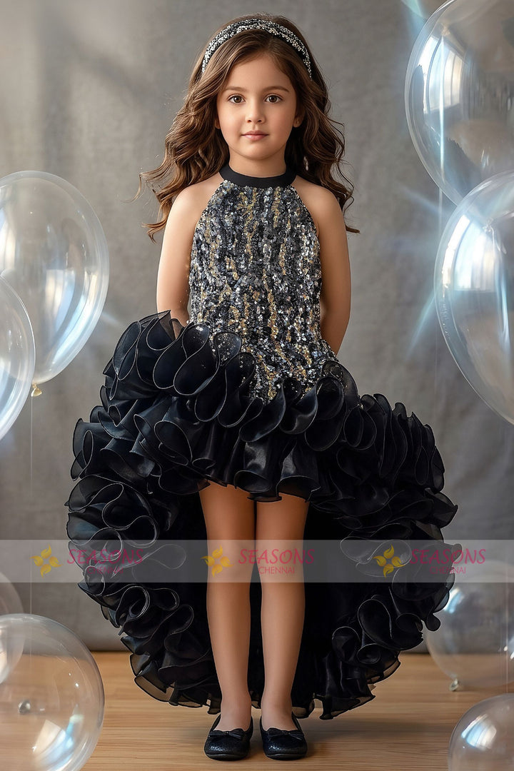 Black Sequins work Halter Ruffle Partywear Frock for Girls