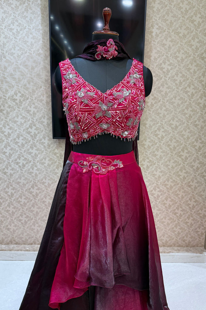 Magenta Mirror, Beads and Sequins work Crop Top Lehenga