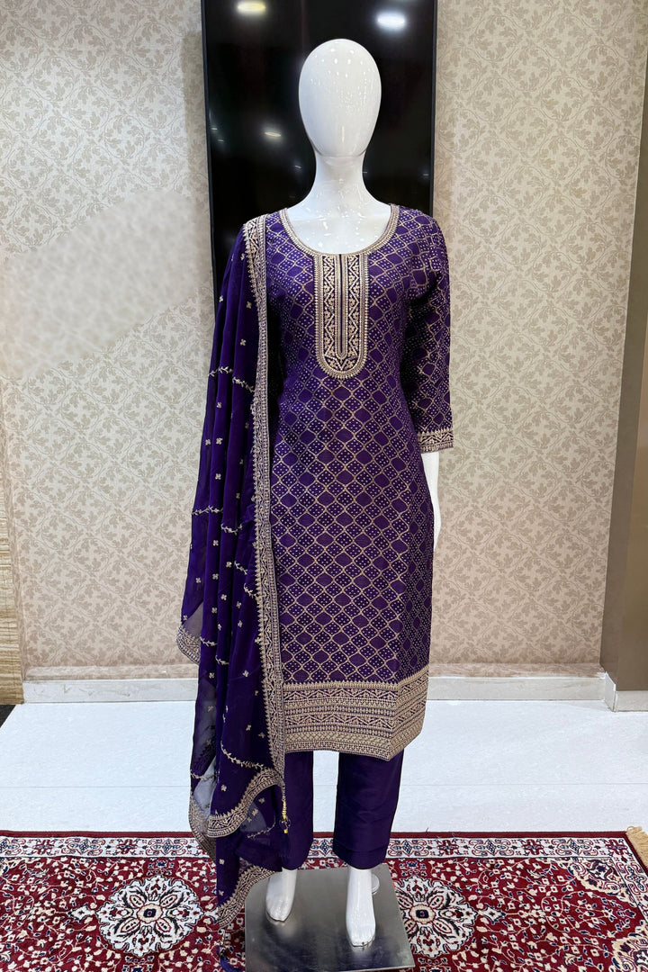 Purple Banaras, Sequins and Zari work with Bandini Print Straight Cut Salwar Suit