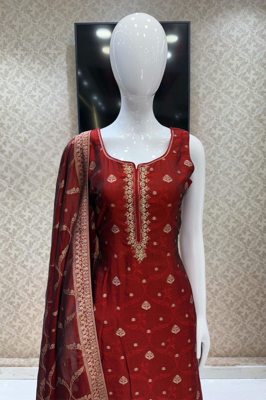 Maroon Zardozi, Sequins, Mirror, Stone, Brocade and Banaras work Straight Cut Salwar Suit