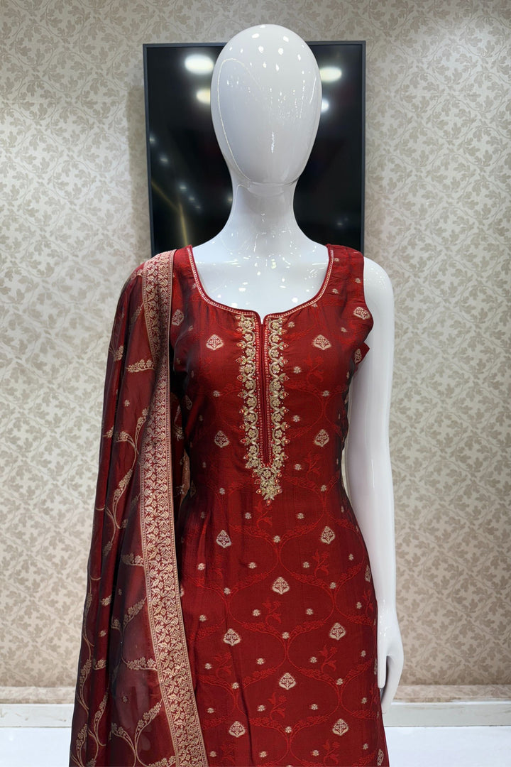 Maroon Zardozi, Sequins, Mirror, Stone, Brocade and Banaras work Straight Cut Salwar Suit