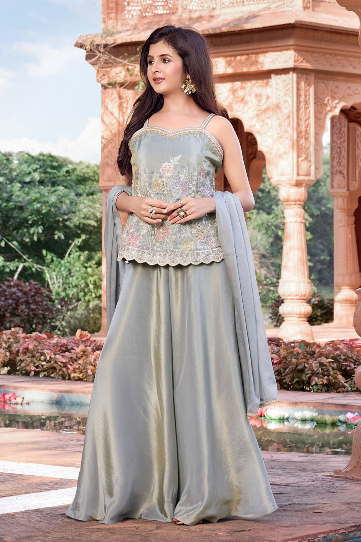 Grey Multicolor Thread, Sequins, Beads and Stone work Palazzo Suit Set for Girls