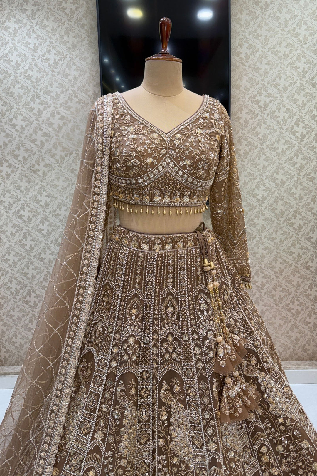 Copper Sequins, Pearl and Zari work Flared Lehenga Set with Peacock Motifs