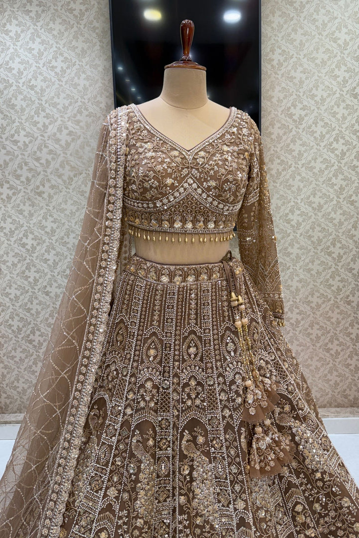 Copper Sequins, Pearl and Zari work Flared Lehenga Set with Peacock Motifs