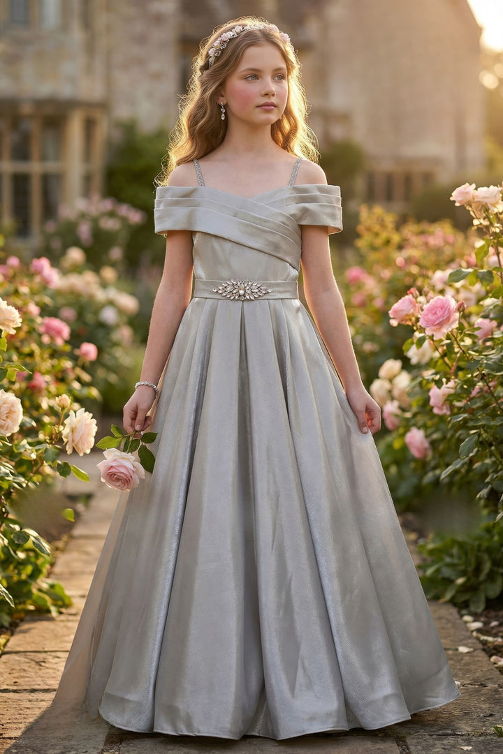 Grey Stone work Long Party Gown for Girls