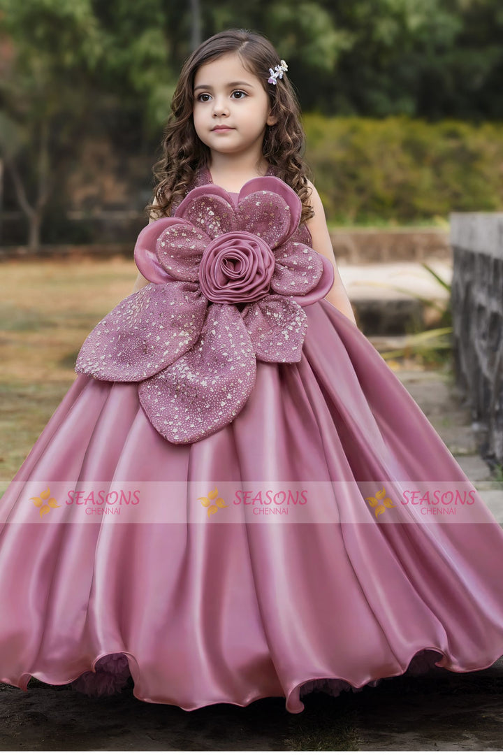 Onion Pink Sequins work Long Party Gown for Girls