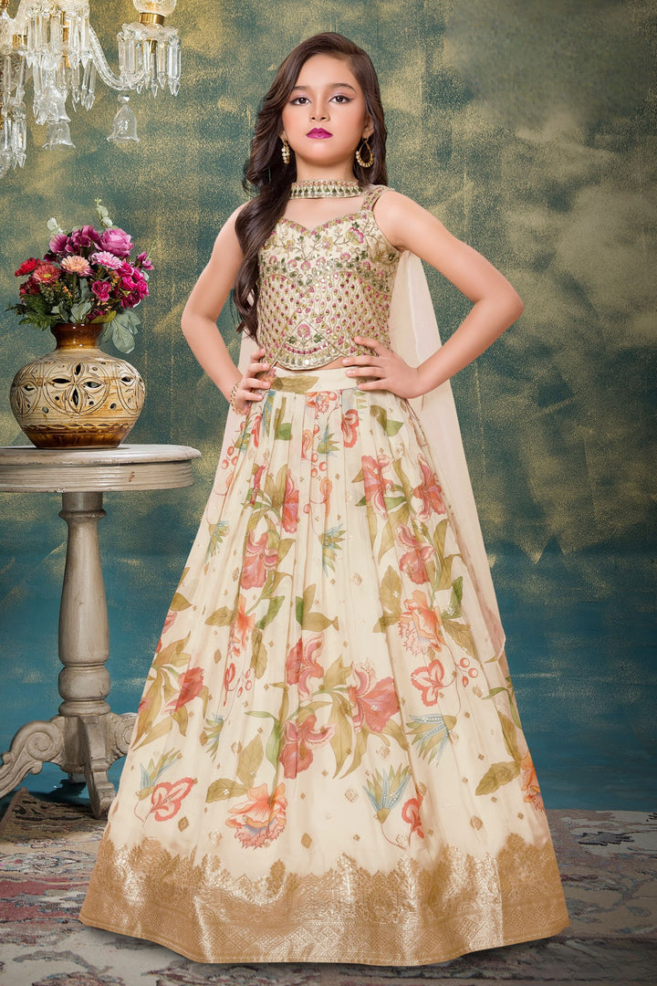 Cream Mirror, Zari and Thread work with Digital Print Lehenga Choli for Girls